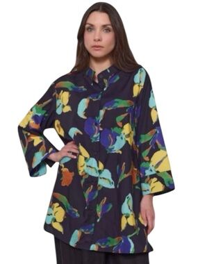 Bella Blue Vibrant Floral Artsy Parisian Cobalt Blue Chemise Shirt Tunic Dress M
